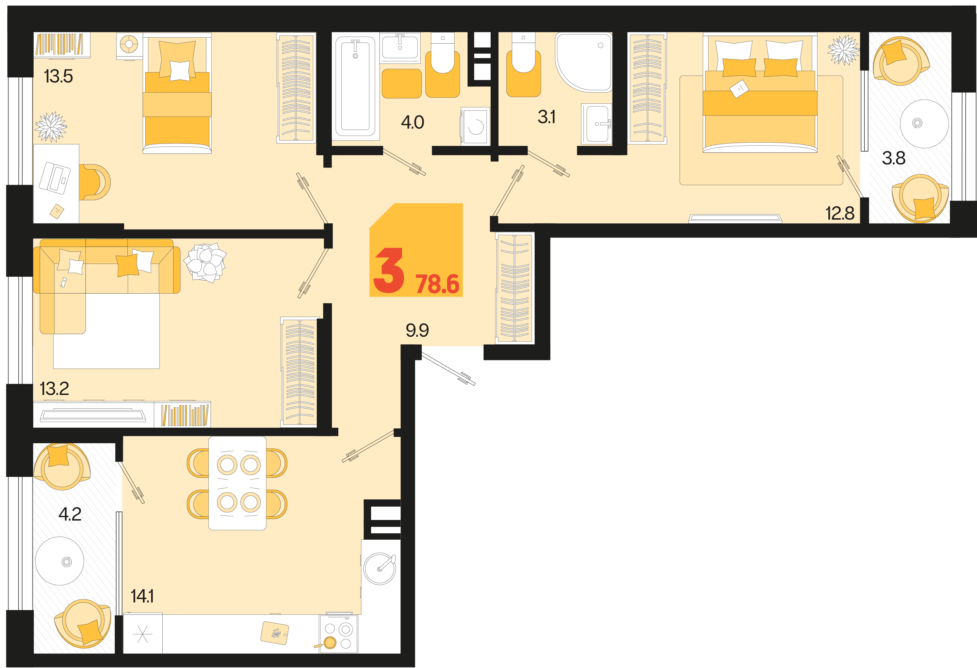 Планировка 3-комнатная 78,6 м²