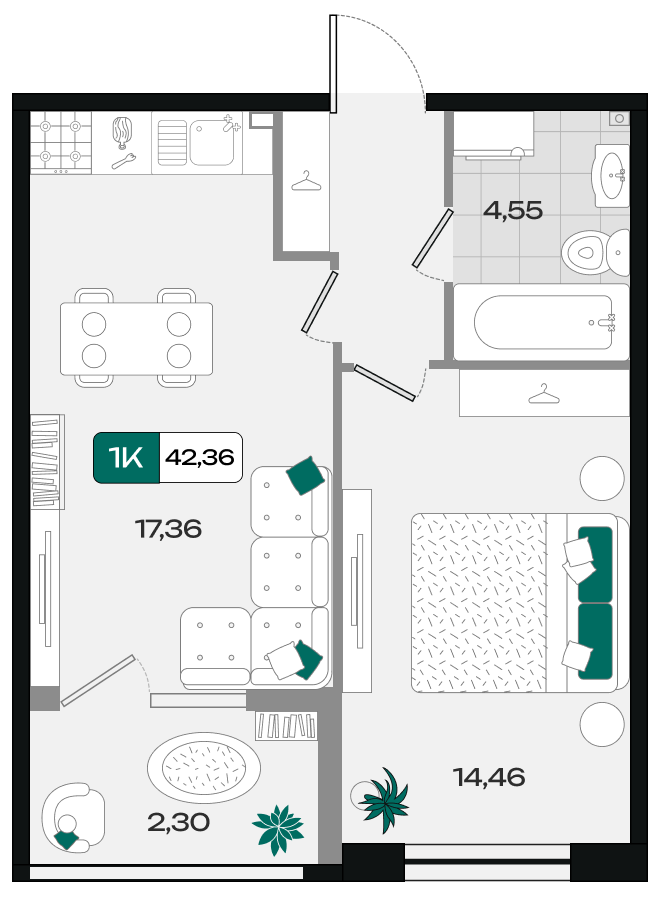 Планировка: 1-комн. квартира 42,4 м²