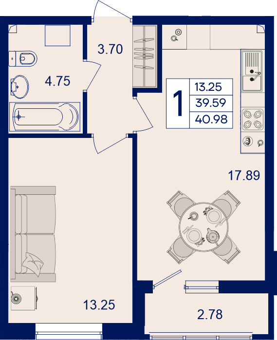 Планировка: 1-комн. квартира 41 м²
