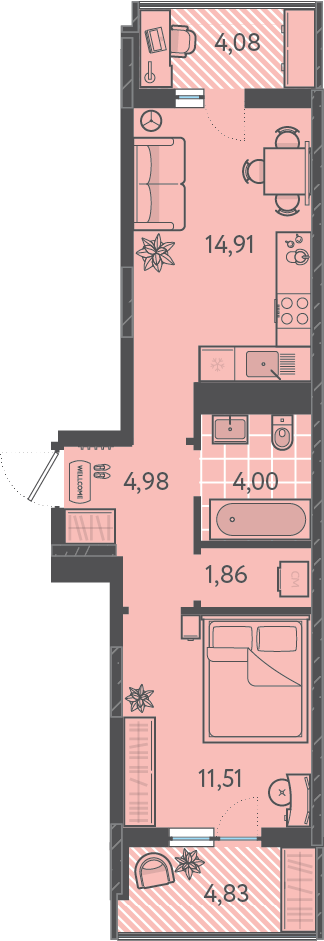 Планировка: 1-комн. квартира 41,9 м²