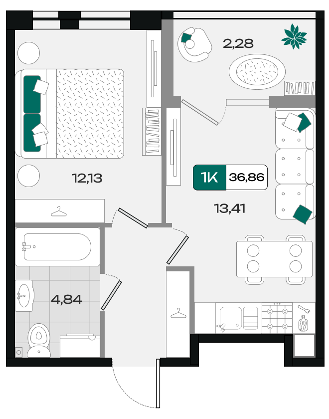 Планировка: 1-комн. квартира 36,9 м²