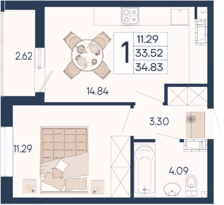 Планировка: 1-комн. квартира 34,8 м²