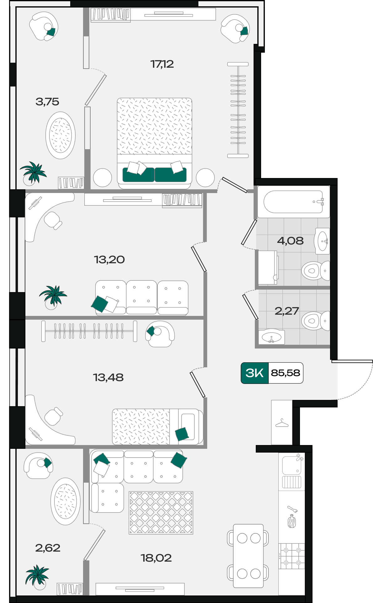 Планировка: 3-комн. квартира 85,6 м²