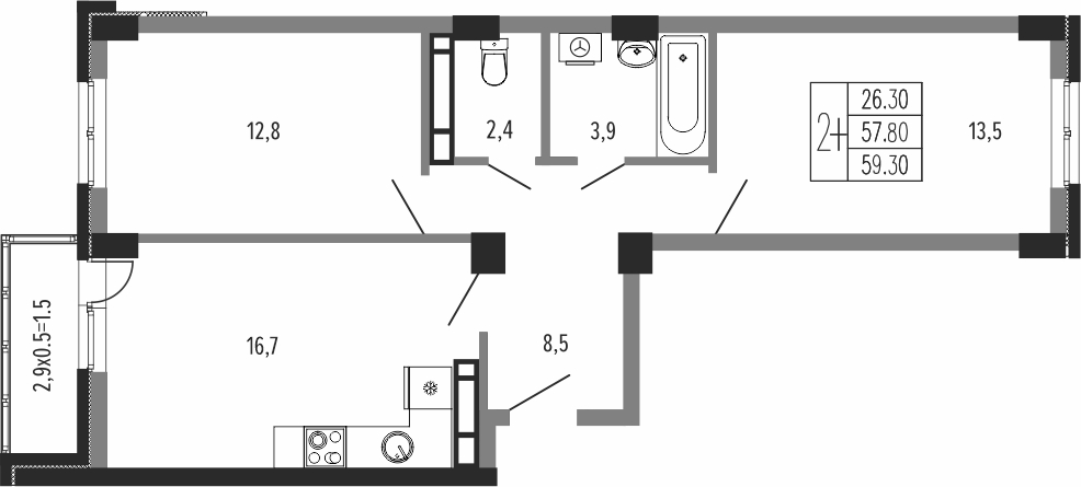Планировка 2-комнатная 60,6 м²