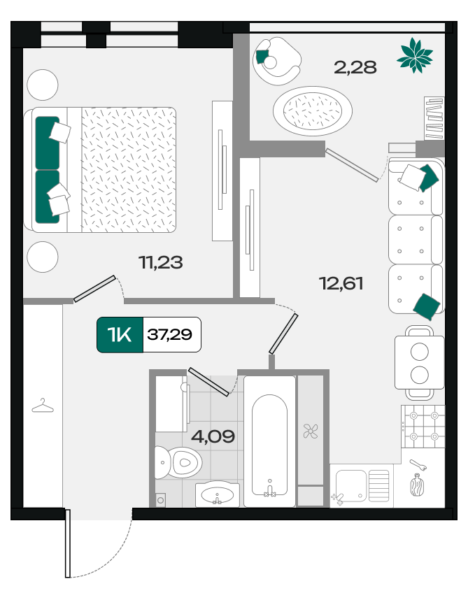 Планировка: 1-комн. квартира 37,3 м²