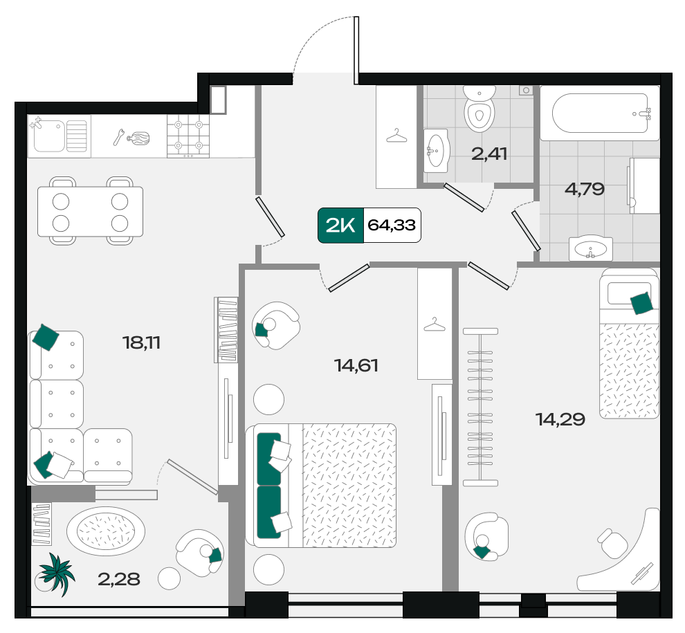 Планировка: 2-комн. квартира 64,3 м²