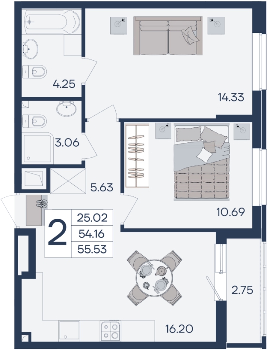 Планировка: 2-комн. квартира 55,5 м²