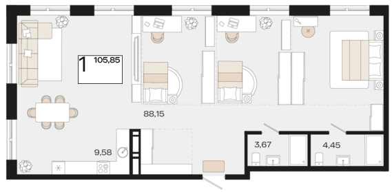 Планировка 1-комнатная 105,85 м²