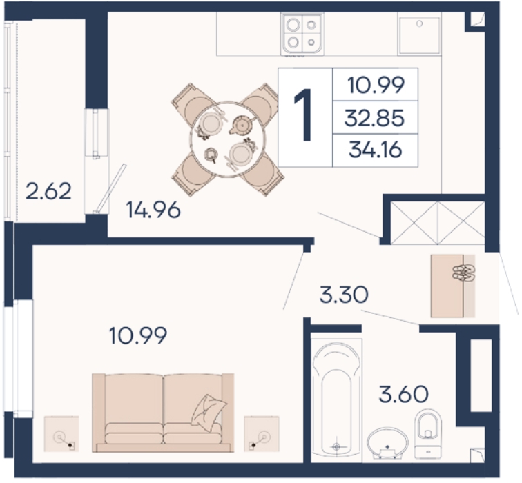 Планировка 1-комнатная 34,16 м²