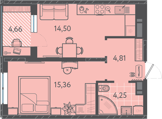Планировка: 1-комн. квартира 40,9 м²
