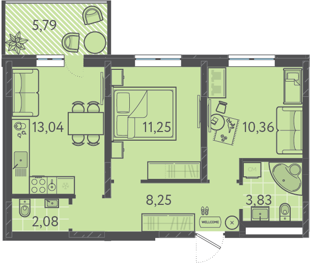 Планировка 2-комнатная 47,8 м²