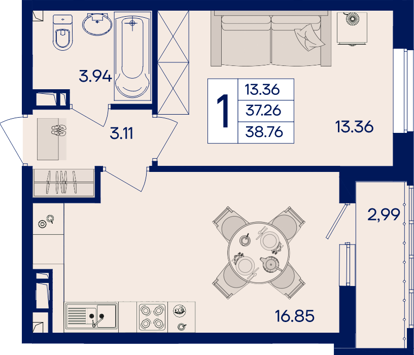 Планировка: 1-комн. квартира 38,8 м²