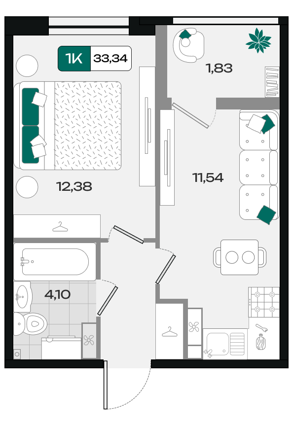 Планировка: 1-комн. квартира 33,3 м²