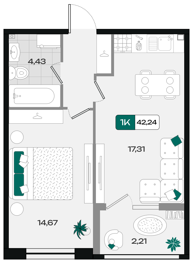Планировка: 1-комн. квартира 42,2 м²