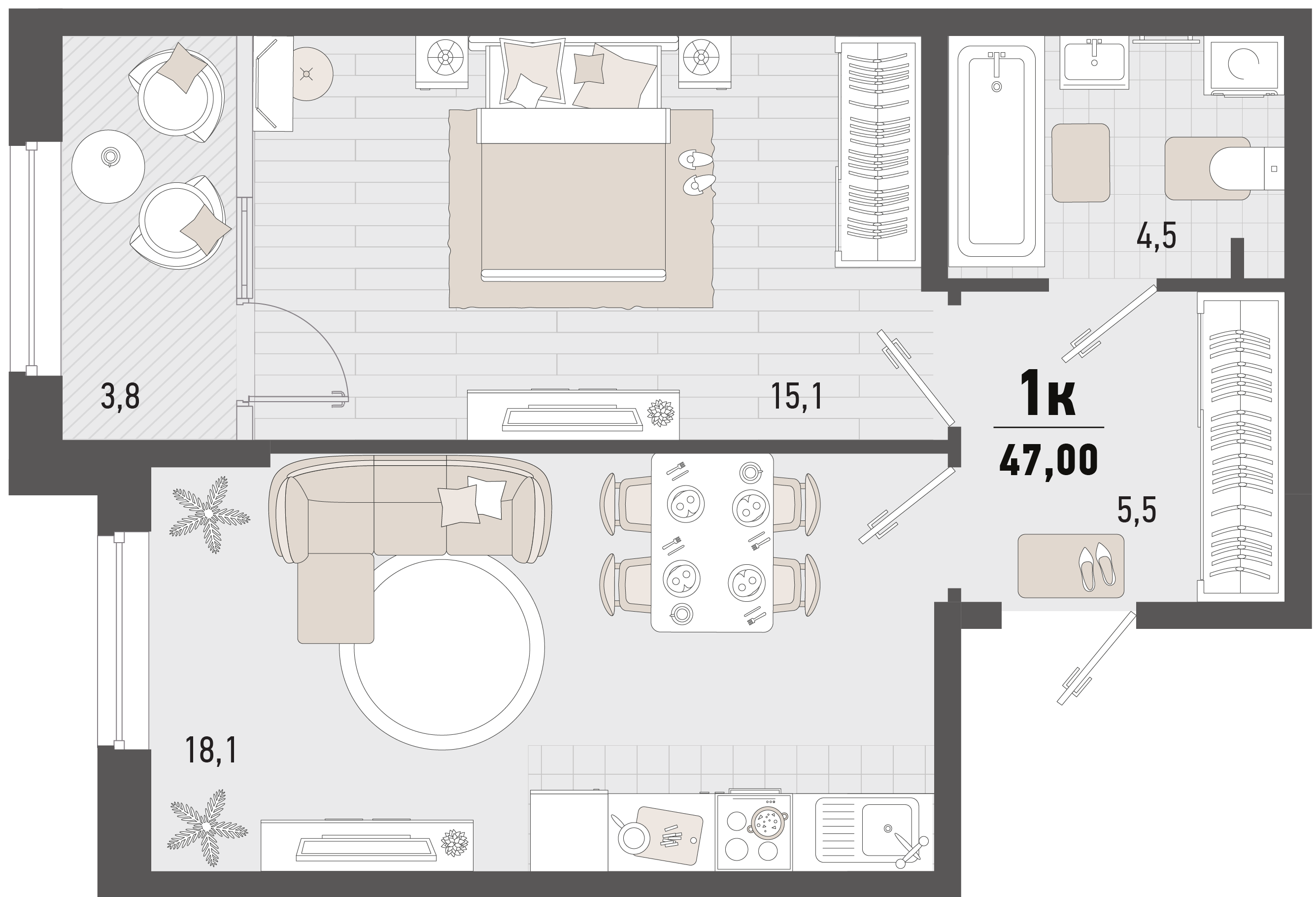 Планировка 1-комнатная 47 м²