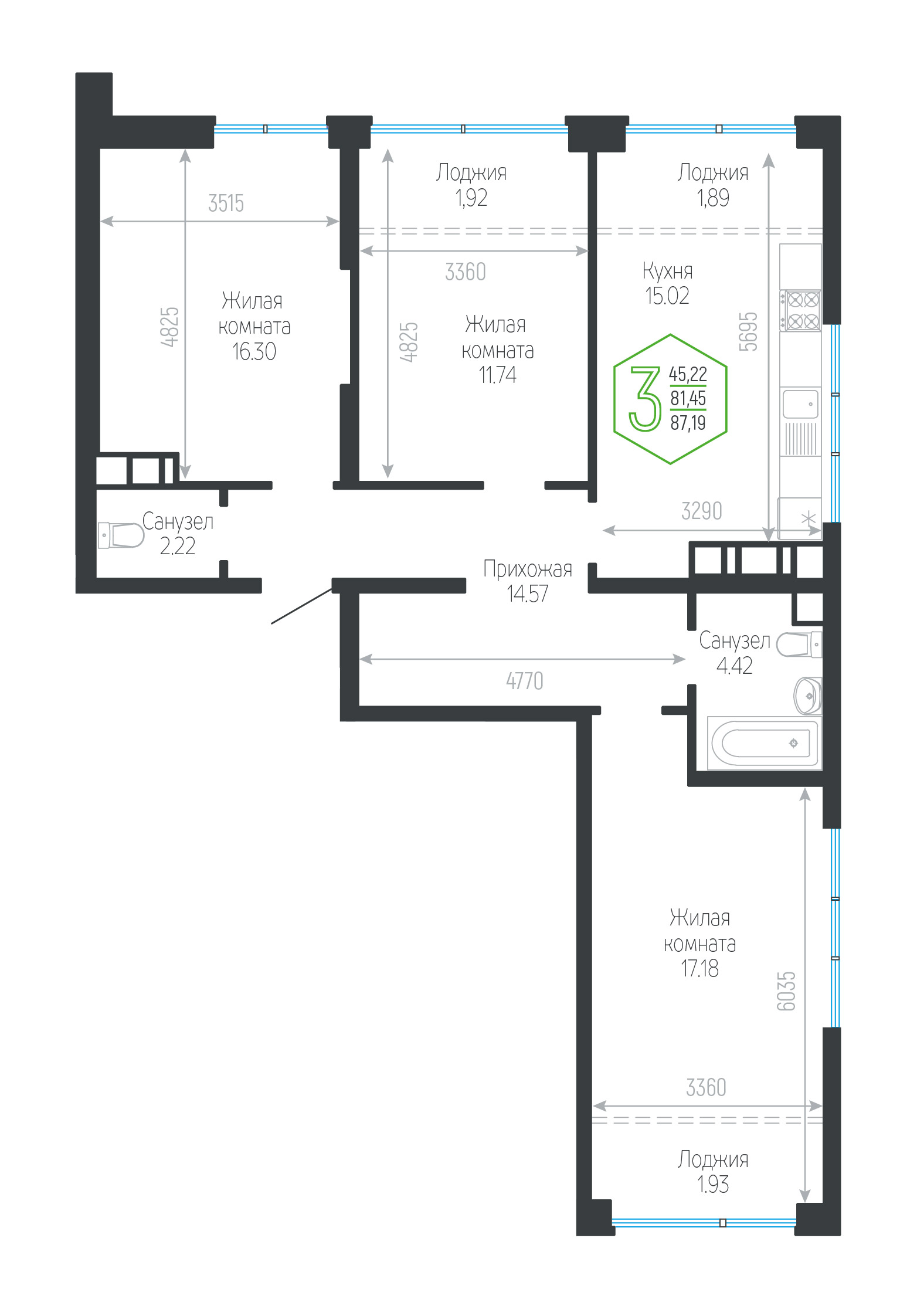 Планировка: 3-комн. квартира 87,2 м²