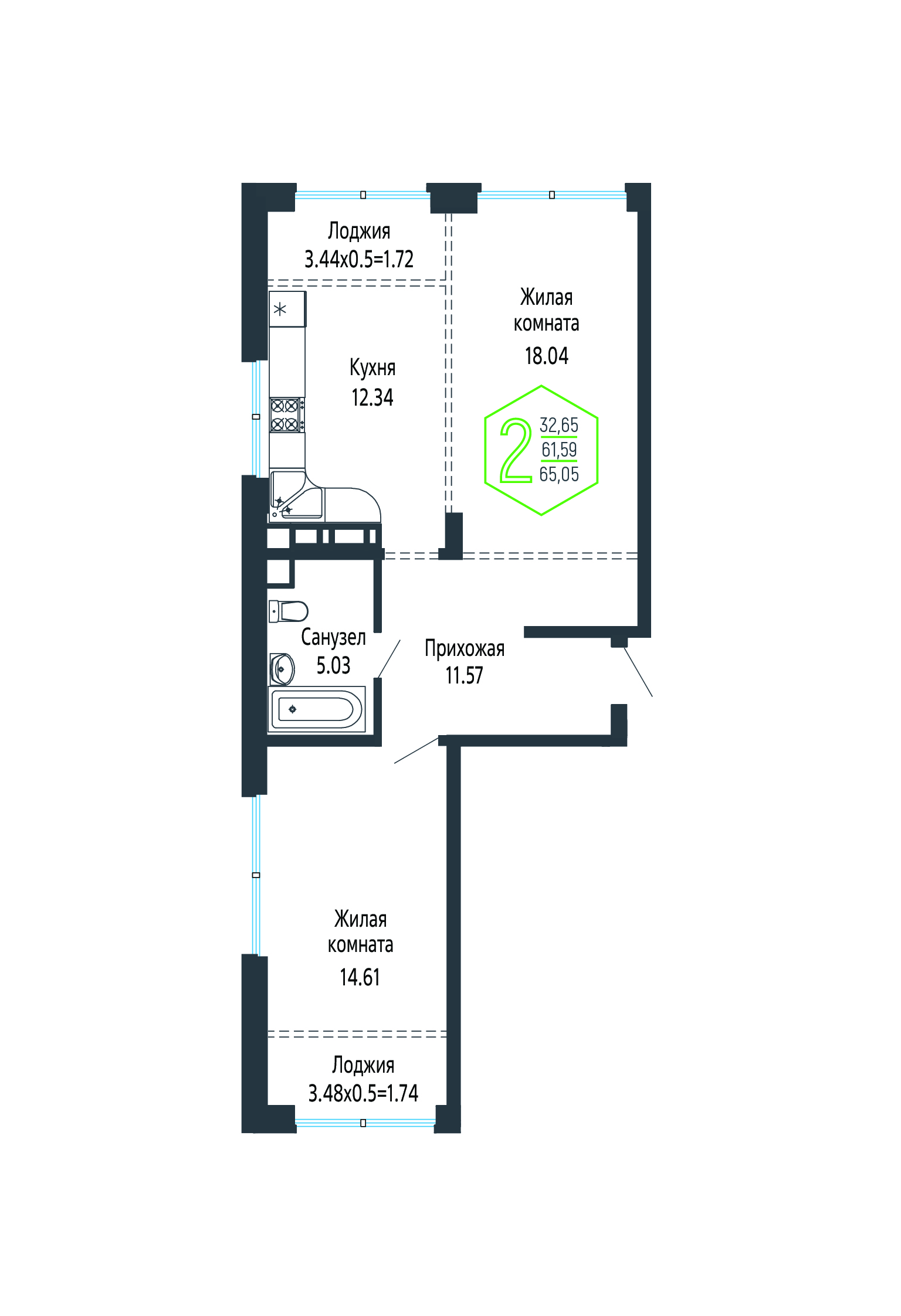 Планировка: 2-комн. квартира 65,4 м²