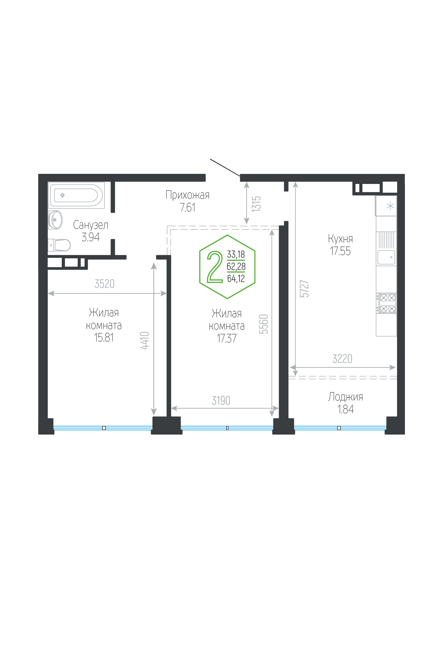 Планировка 2-комнатная 64,12 м²