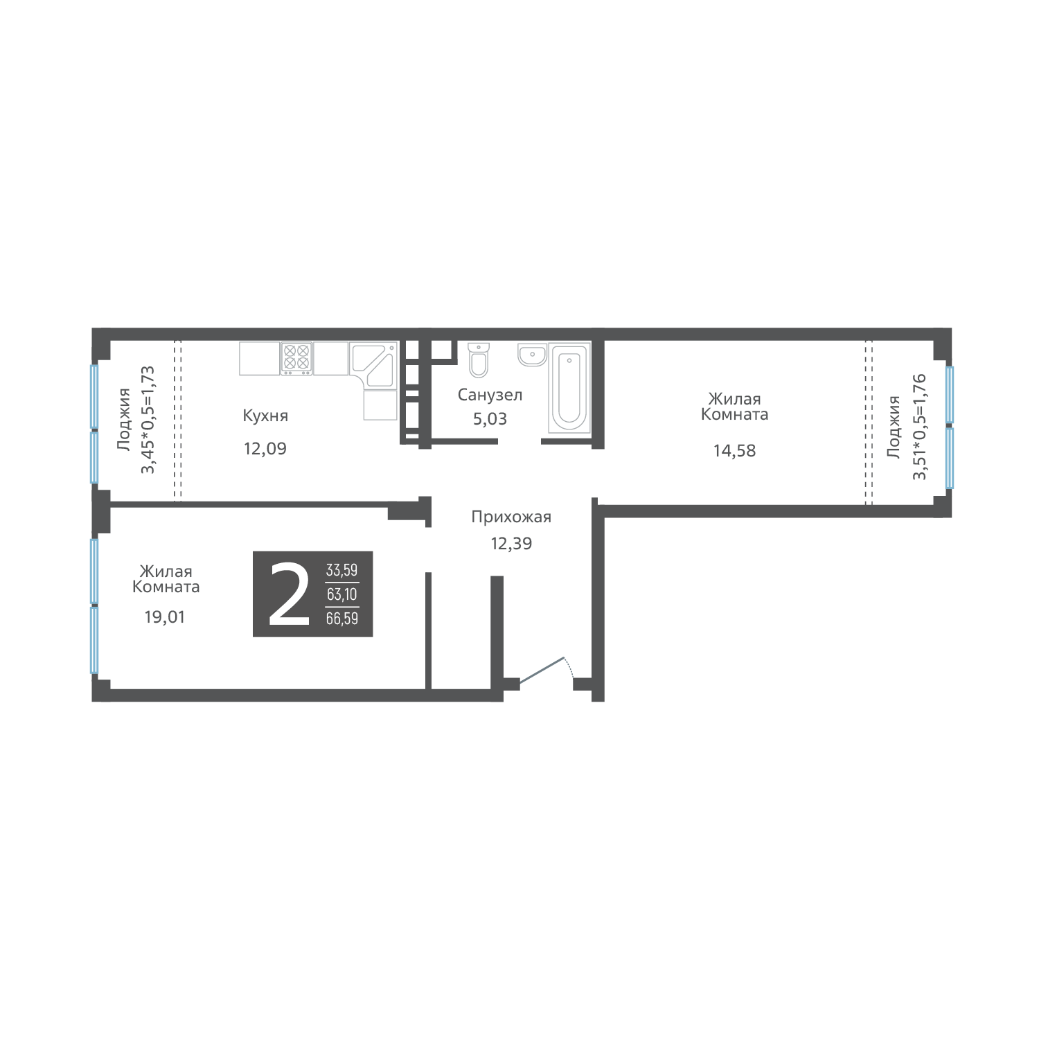 Планировка: 2-комн. квартира 68,3 м²