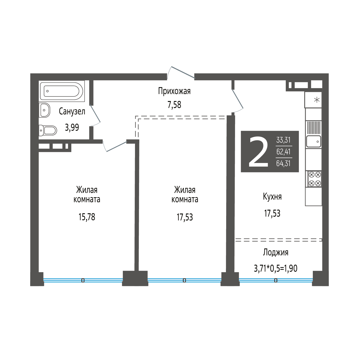 Планировка: 2-комн. квартира 65,7 м²