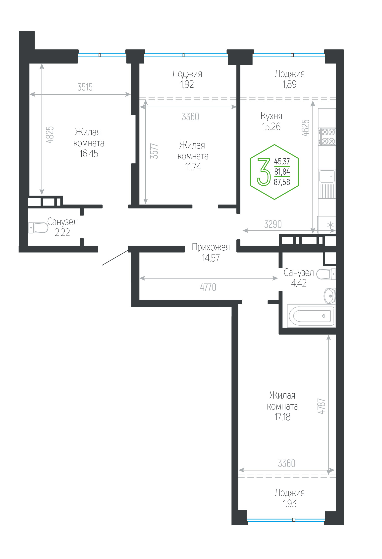 Планировка: 3-комн. квартира 87,6 м²