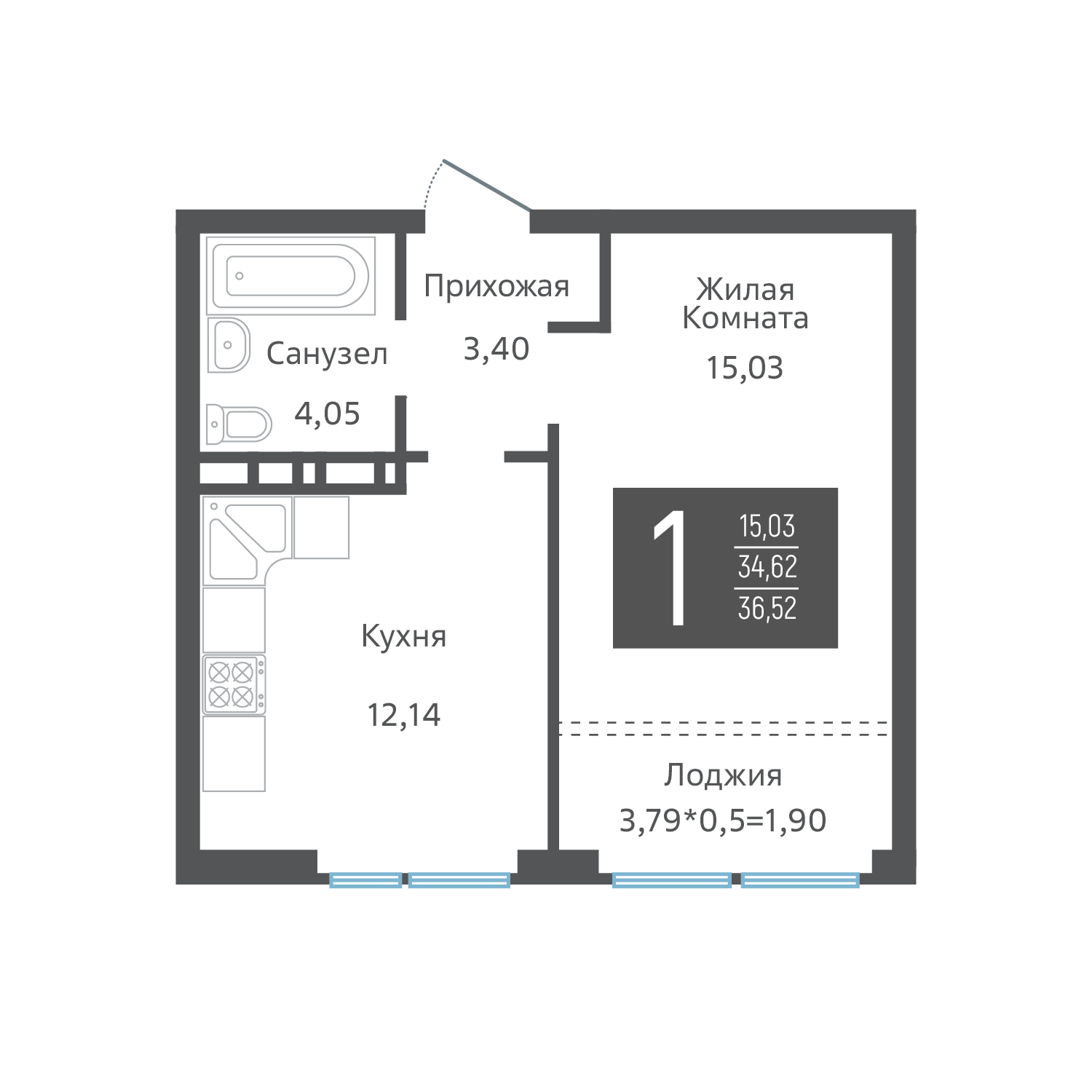 Планировка: 1-комн. квартира 37,6 м²