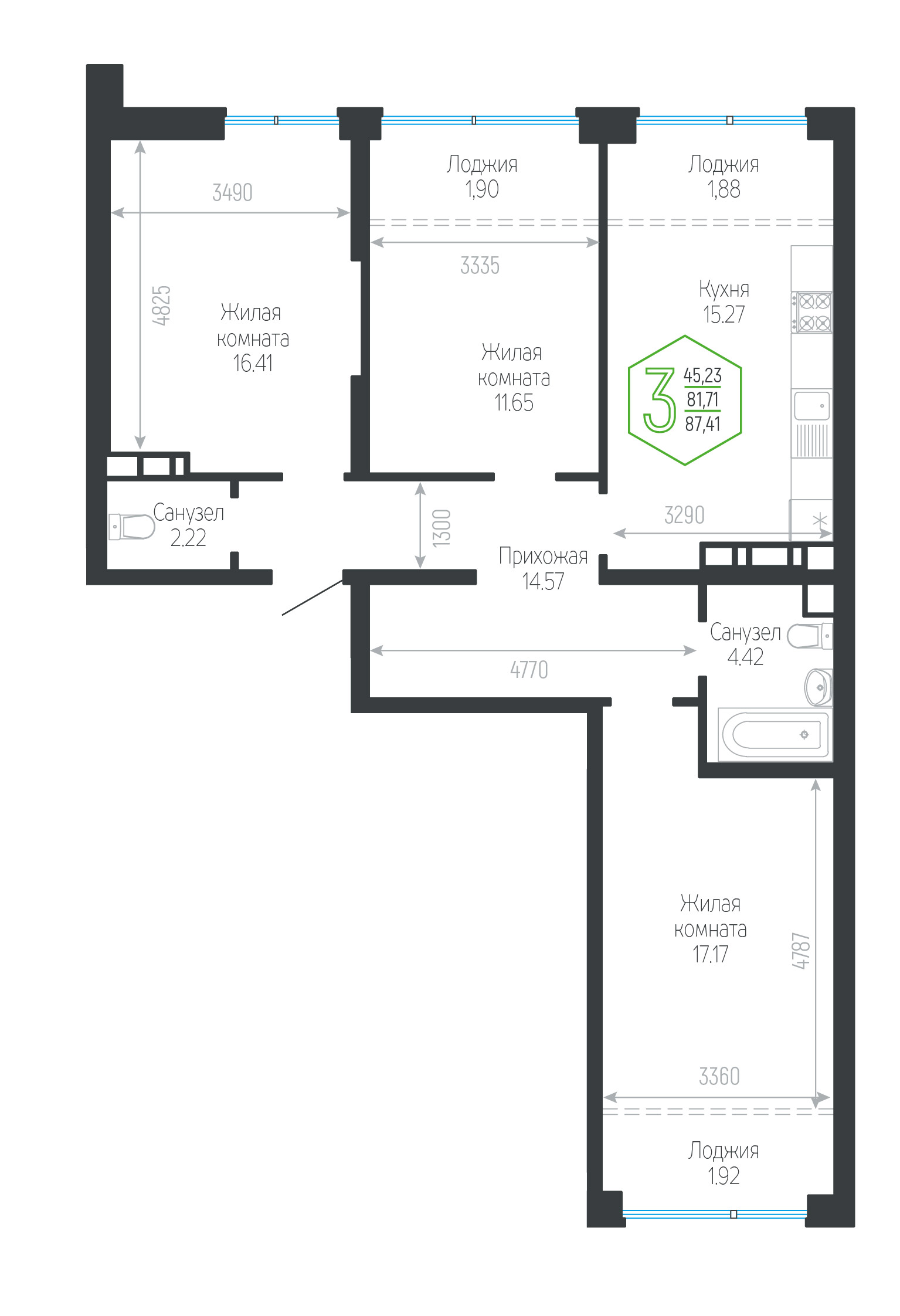 Планировка 3-комнатная 87,41 м²