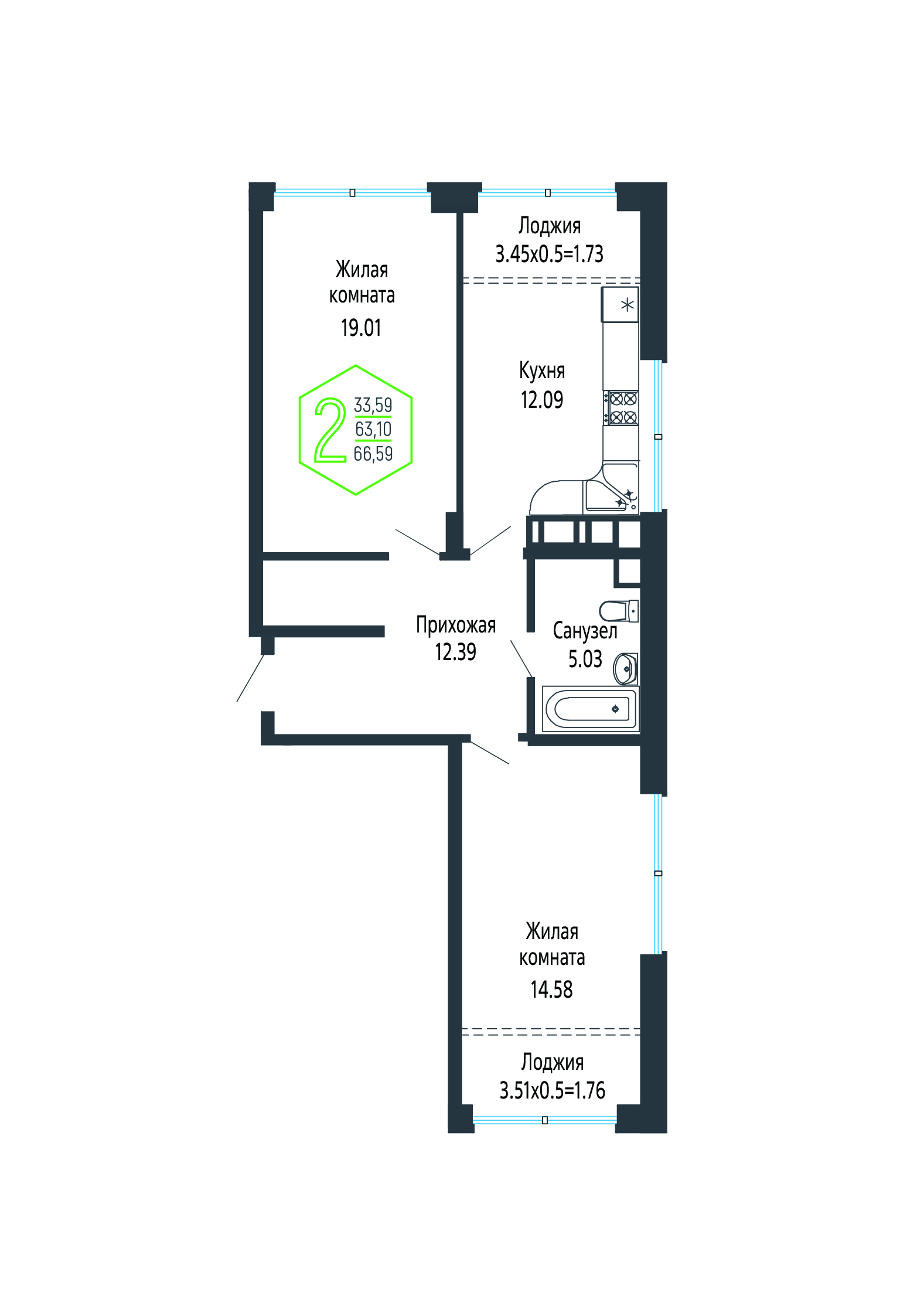 Планировка: 2-комн. квартира 67 м²