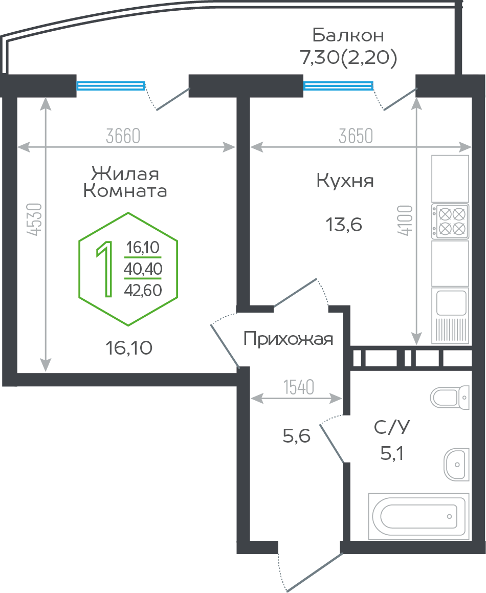 Планировка 1-комнатная 41,5 м²