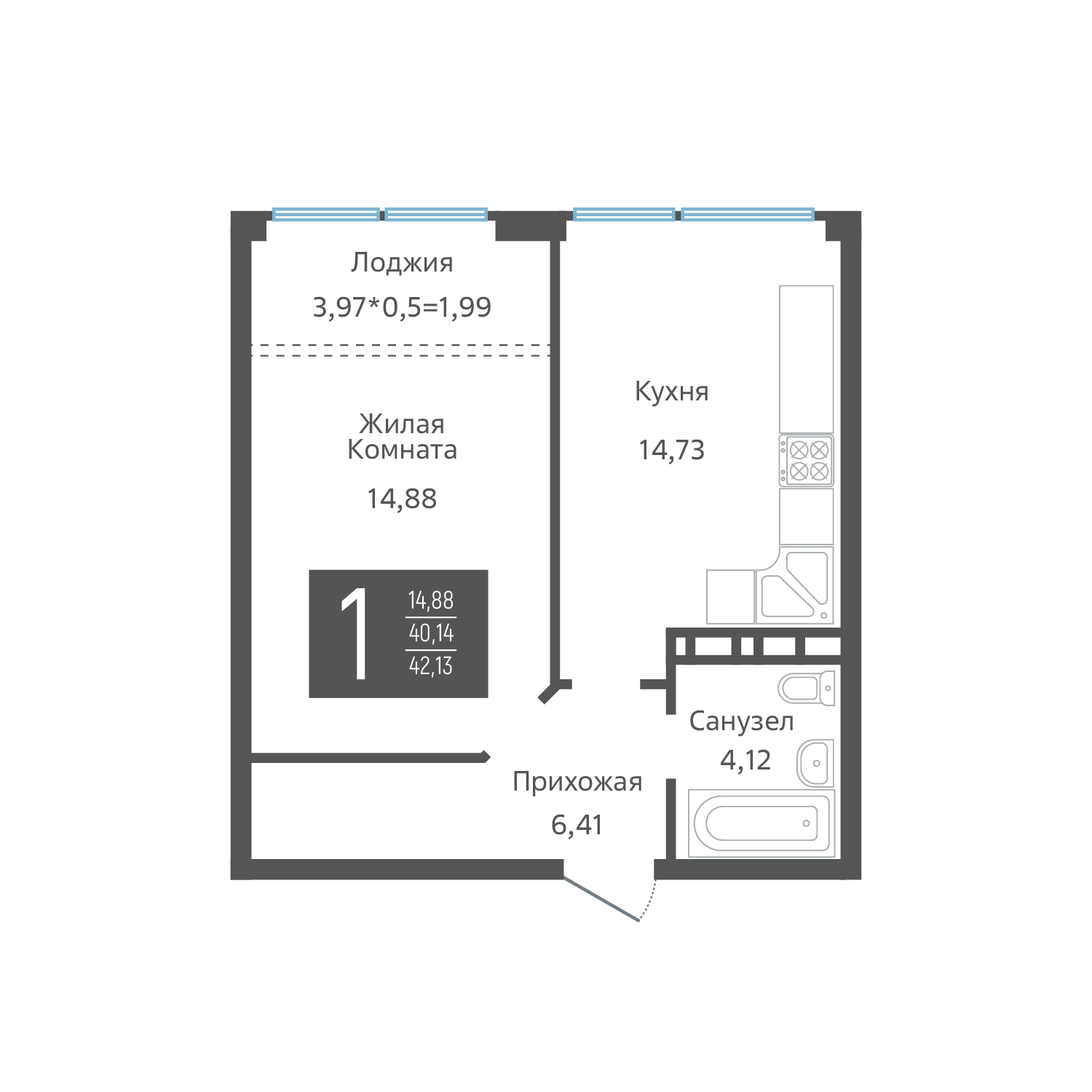 Планировка: 1-комн. квартира 42,1 м²