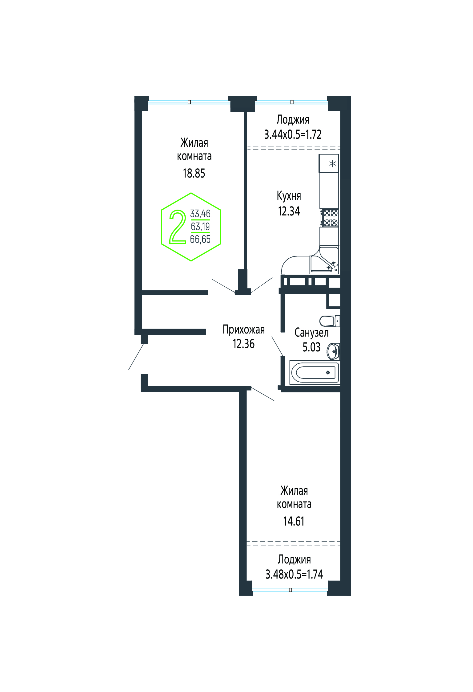 Планировка 2-комнатная 66,91 м²