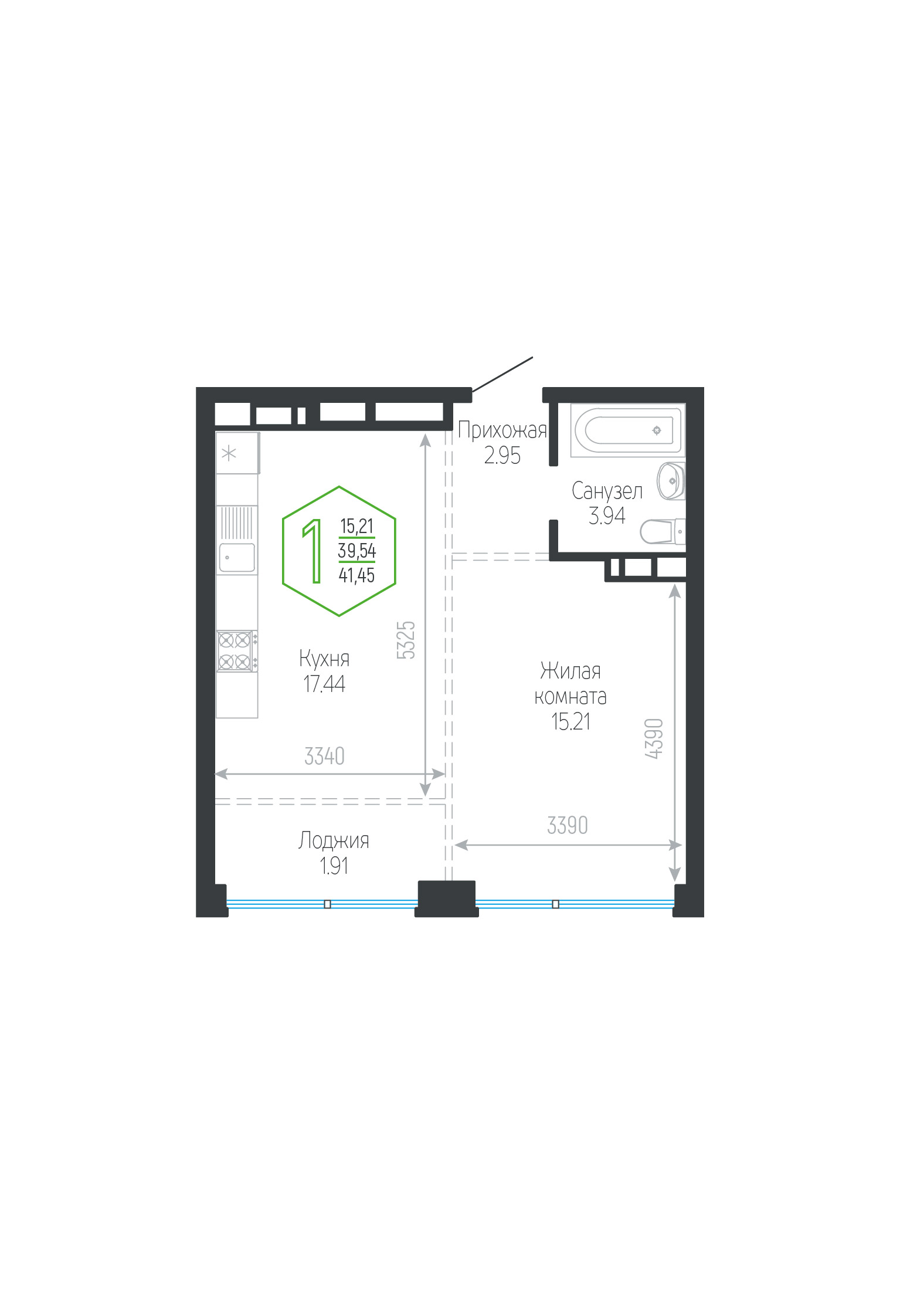 Планировка: 1-комн. квартира 41,5 м²