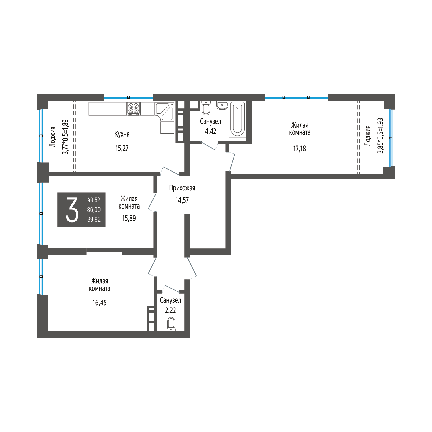 Планировка 3-комнатная 89,82 м²