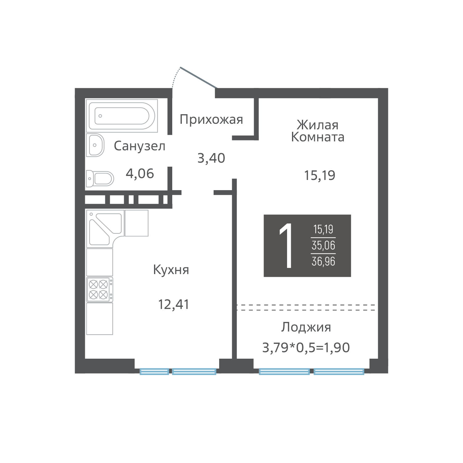 Планировка 1-комнатная 37,14 м²