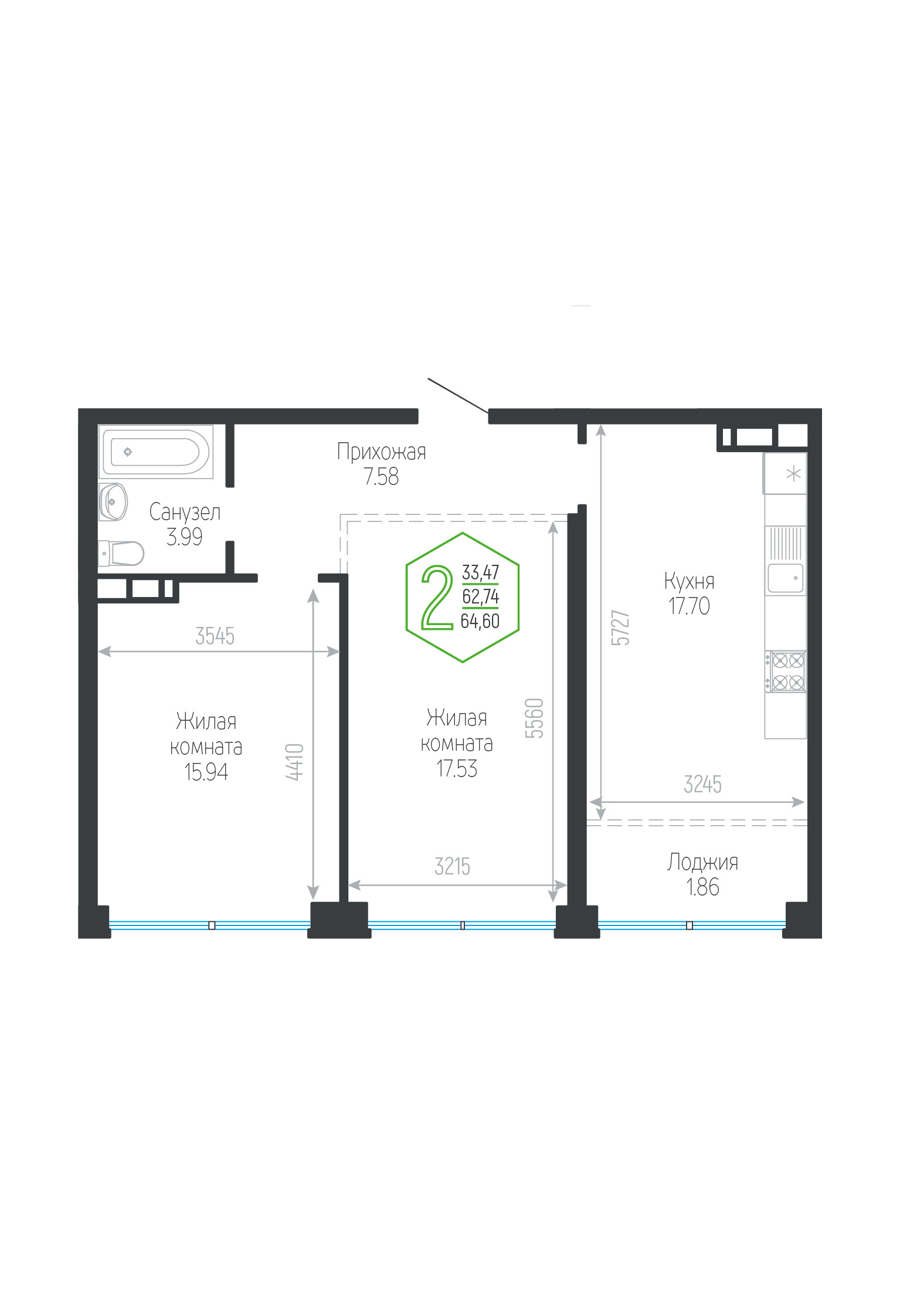 Планировка: 2-комн. квартира 64,6 м²