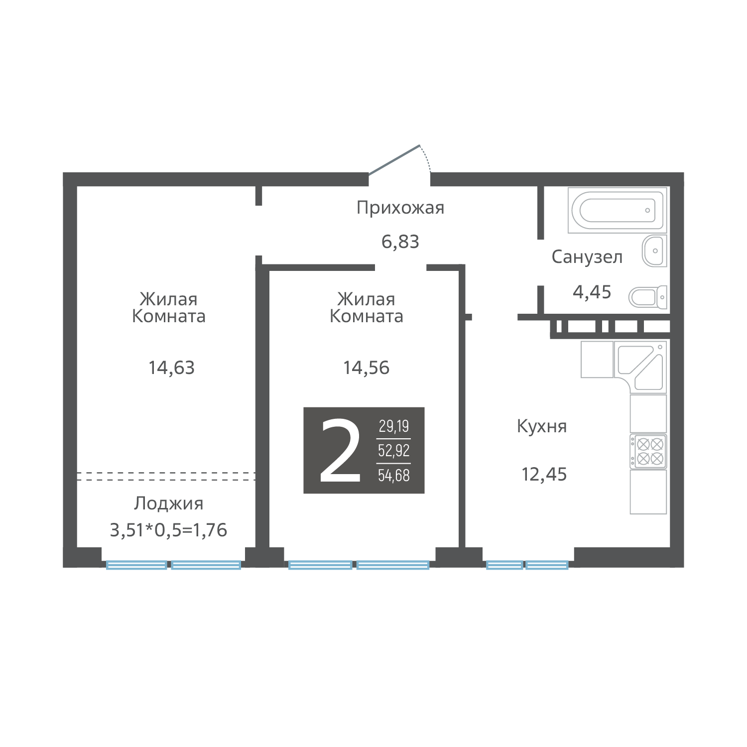 Планировка 2-комнатная 54,97 м²