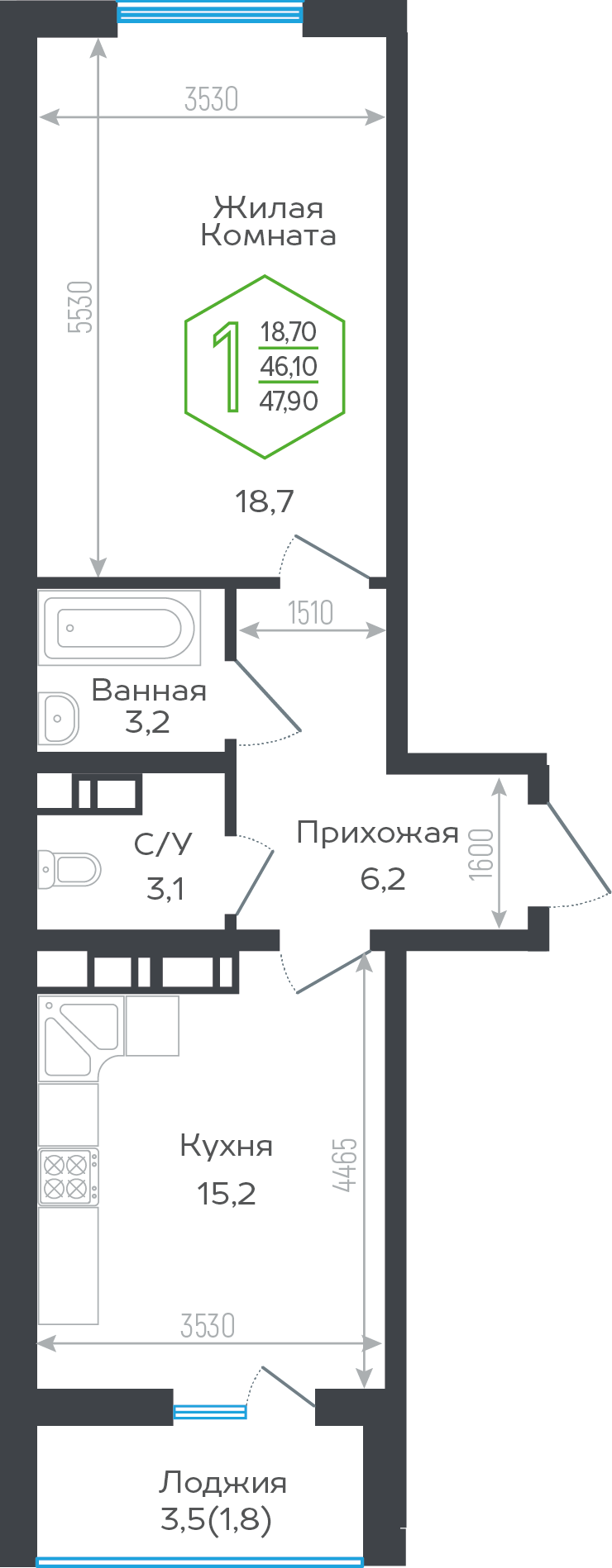 Планировка 1-комнатная 46,5 м²