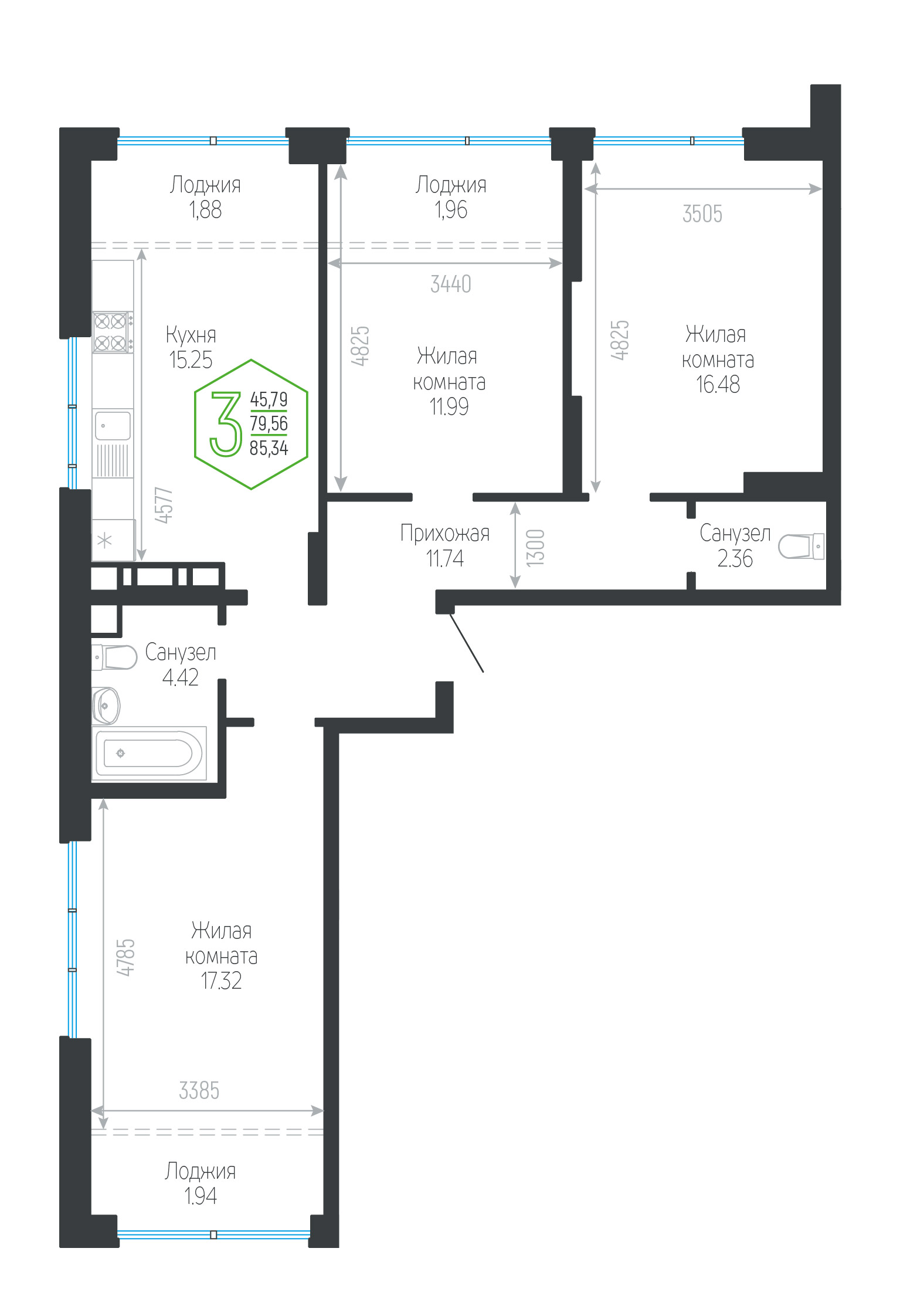 Планировка 3-комнатная 85,34 м²