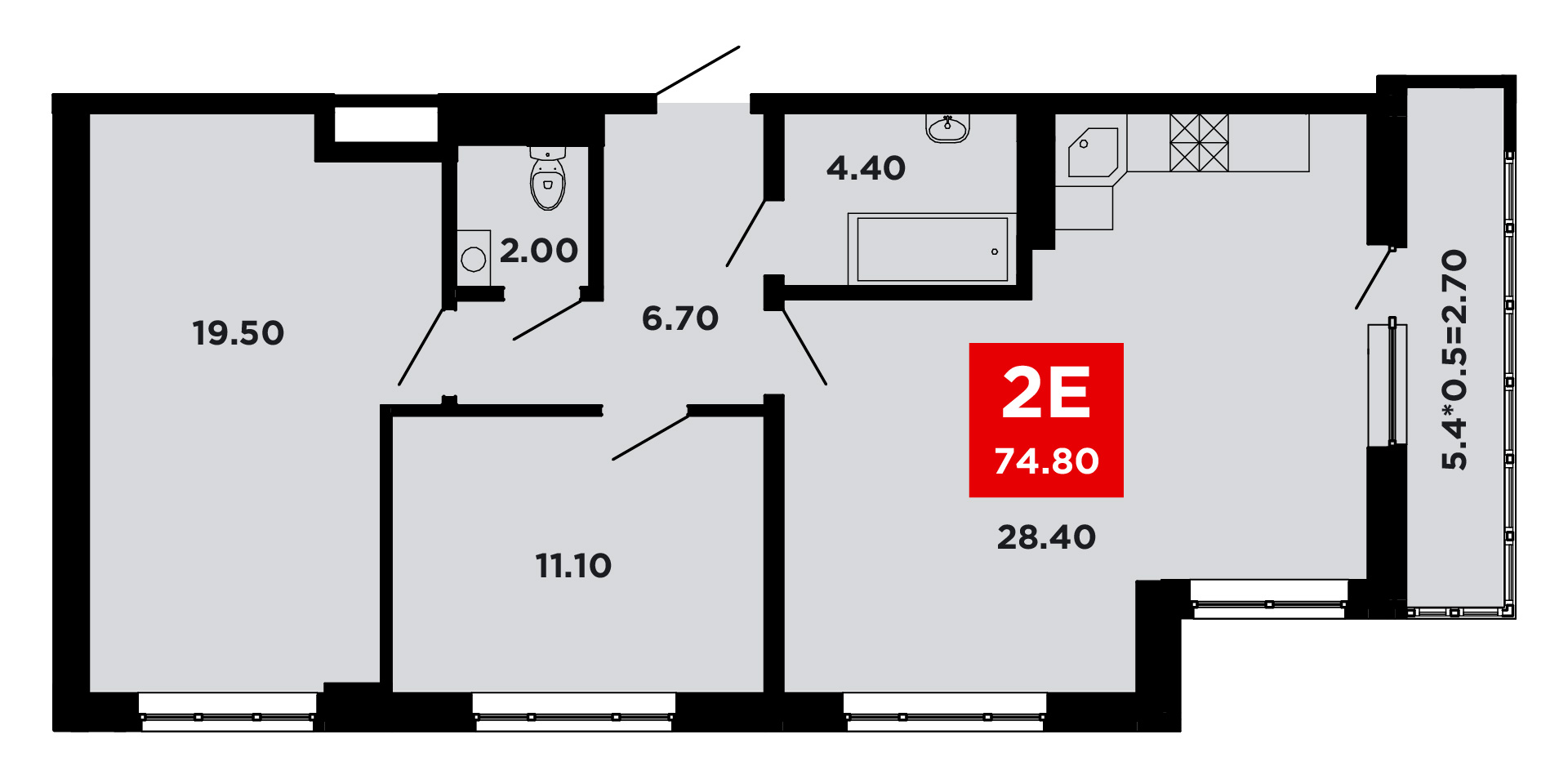 Планировка 2-комнатная 74,6 м²