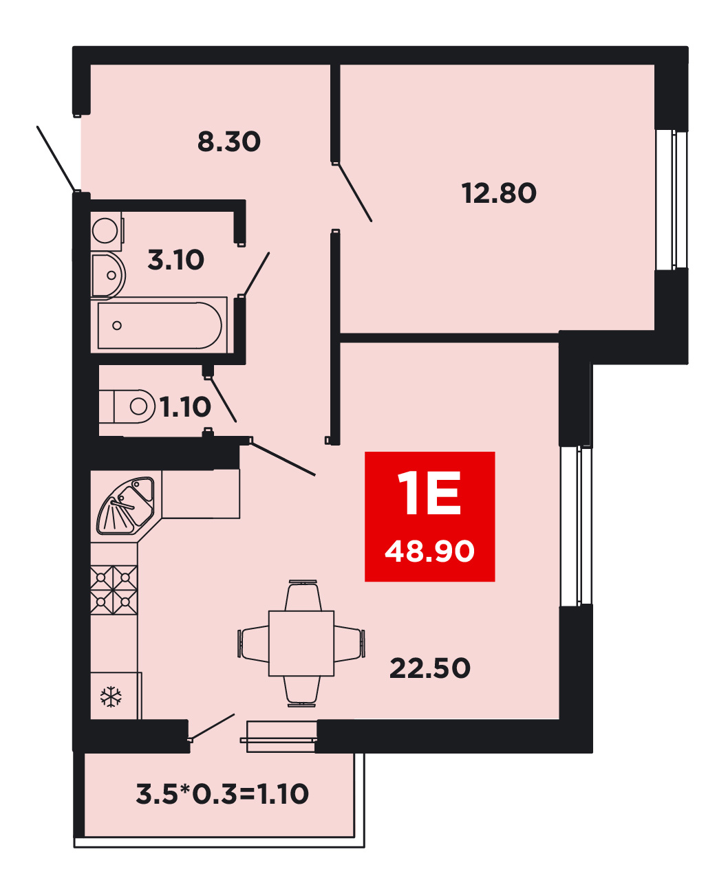 Планировка: 1-комн. квартира 48,6 м²