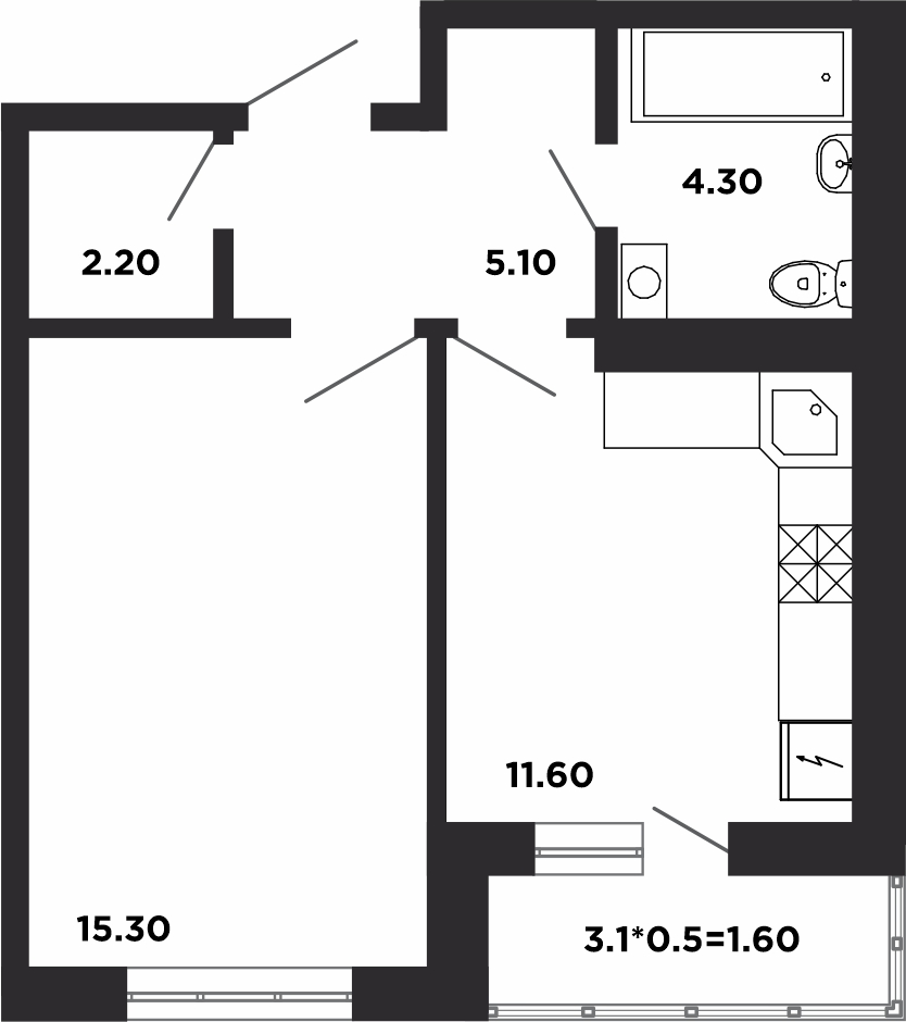 Планировка: 1-комн. квартира 40,3 м²