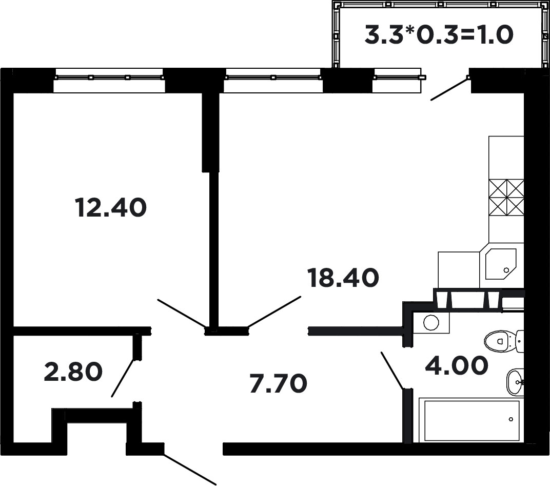 Планировка 1-комнатная 46,9 м²