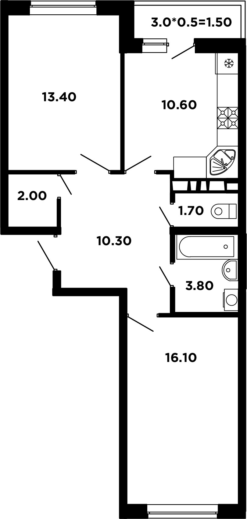 Планировка 2-комнатная 59,4 м²