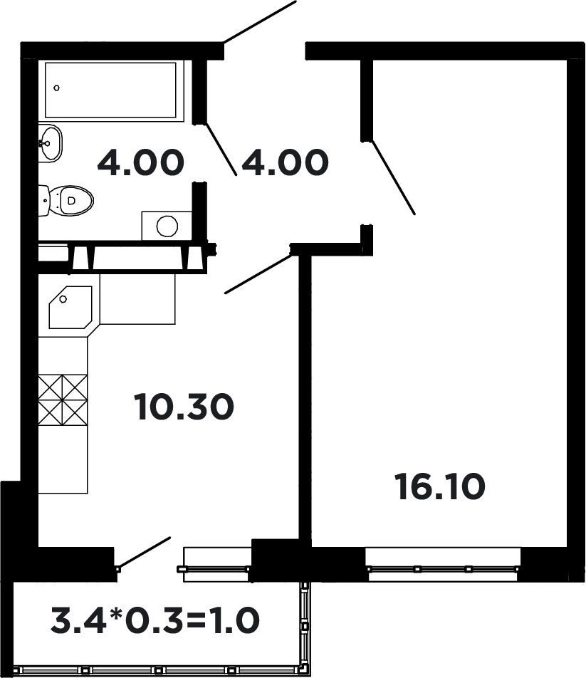 Планировка 1-комнатная 34,7 м²