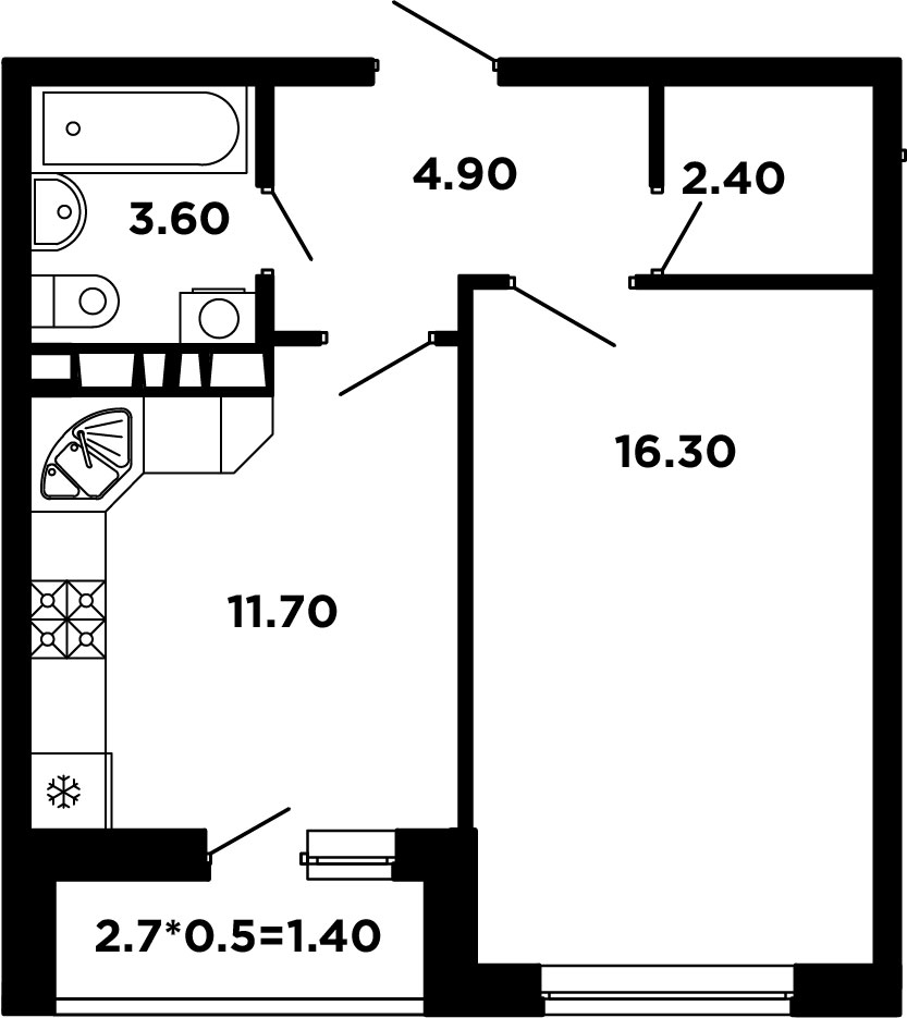 Планировка 1-комнатная 40,4 м²