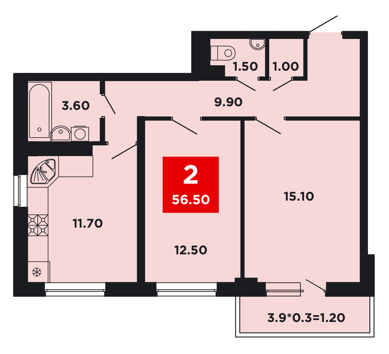 Планировка 2-комнатная 57,3 м²