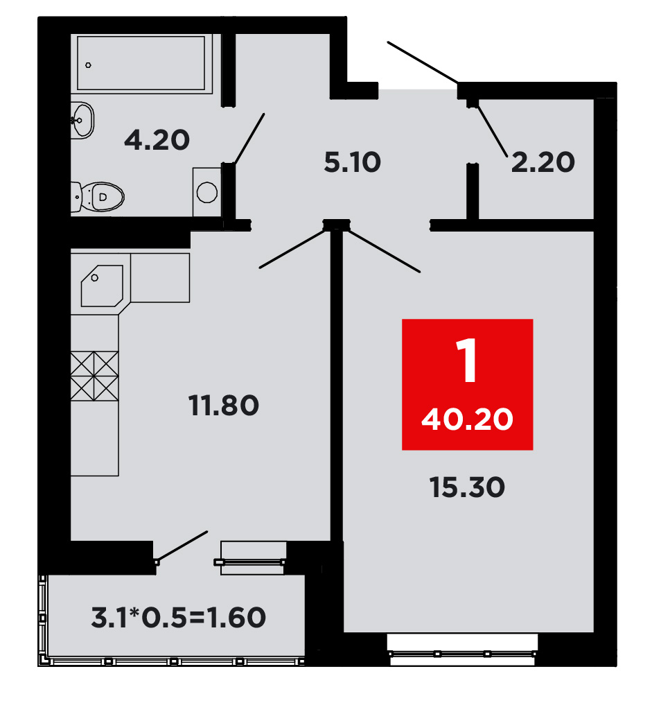 Планировка 1-комнатная 40,4 м²
