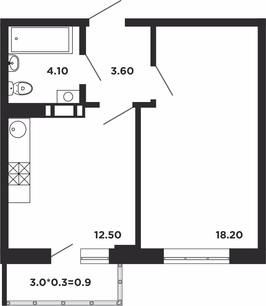Планировка 1-комнатная 39,5 м²