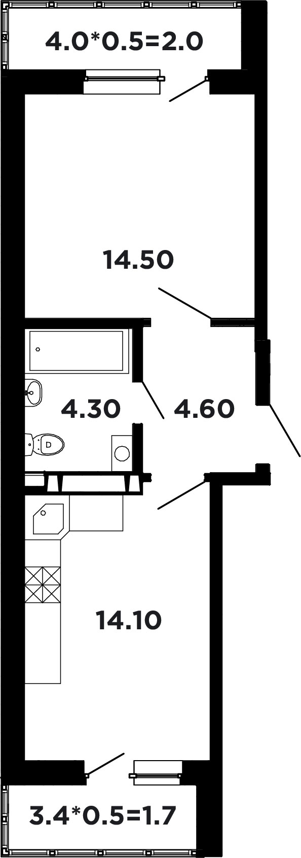 Планировка: 1-комн. квартира 44,7 м²