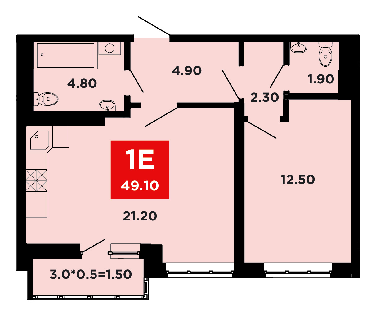Планировка 1-комнатная 49 м²